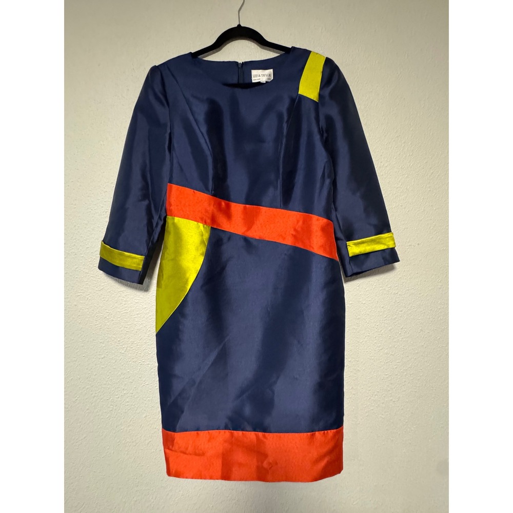 Lily & Taylor Colorblock Sheath Dress Navy Orange Yellow Rhinestone Size 10
